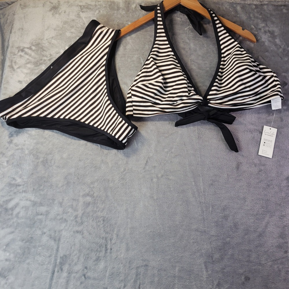 Cupshe XL Black White‎ Striped Metallic Halter Bikini Set High Waisted Swimsuit